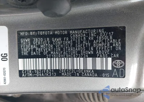 2017 Toyota Corolla Le из США, поврежденный, VIN 2T1BURHE9HC873734